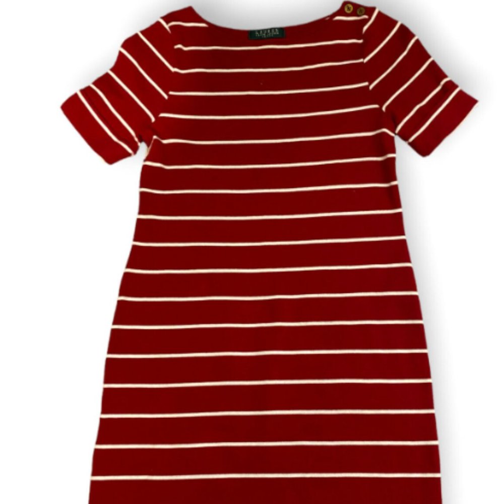 Lauren Ralph Lauren Short Sleeve Dress Red & White Stripe 100 % Cotton Petite M